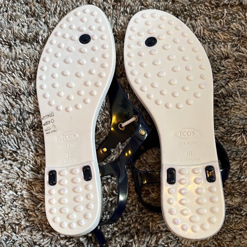 NWOB Tod’s Navy Blue/White T-Straps Thong Jelly Flat Sandals - Picture 6 of 16
